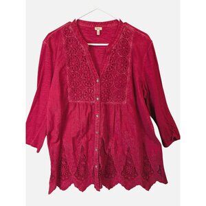 Reba Womens Plus 1X Red Embroidered Country Western Button Up Blouse Long Sleeve
